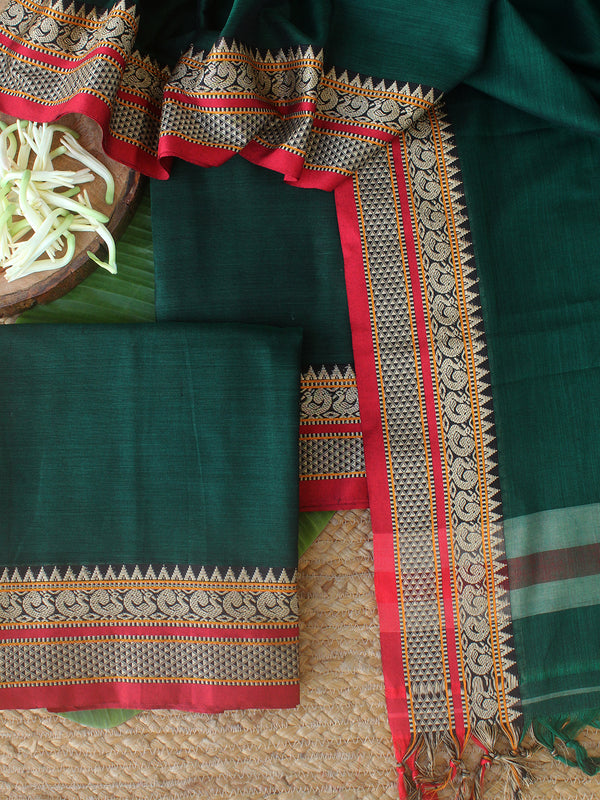 Green Dharwad Cotton Dress Material With Woven Borders