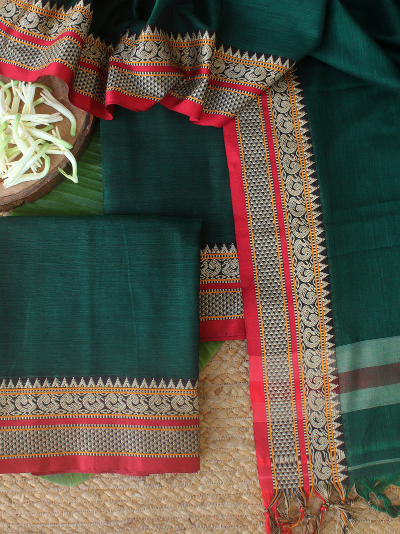 Green Dharwad Cotton Dress Material With Woven Borders