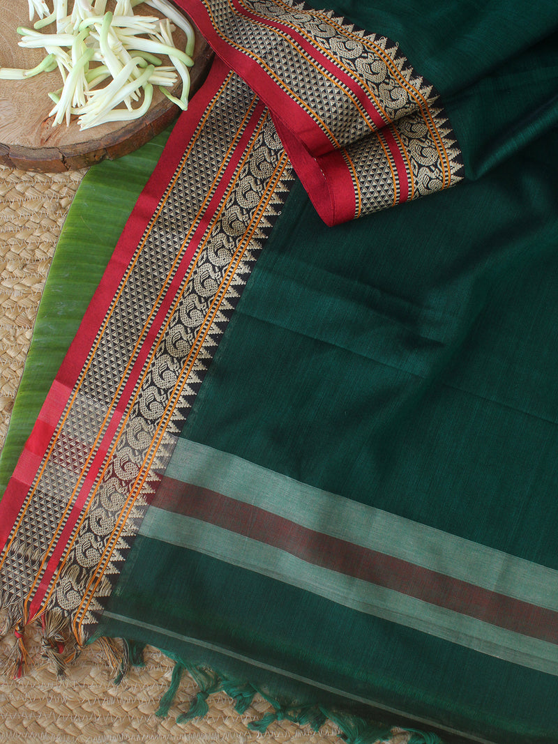 Green Dharwad Cotton Dress Material With Woven Borders