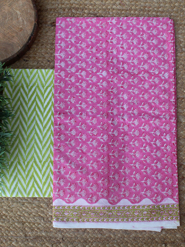 Pink Bagru Hand Block Printed Cotton Dress Material with Kota Doria Dupatta
