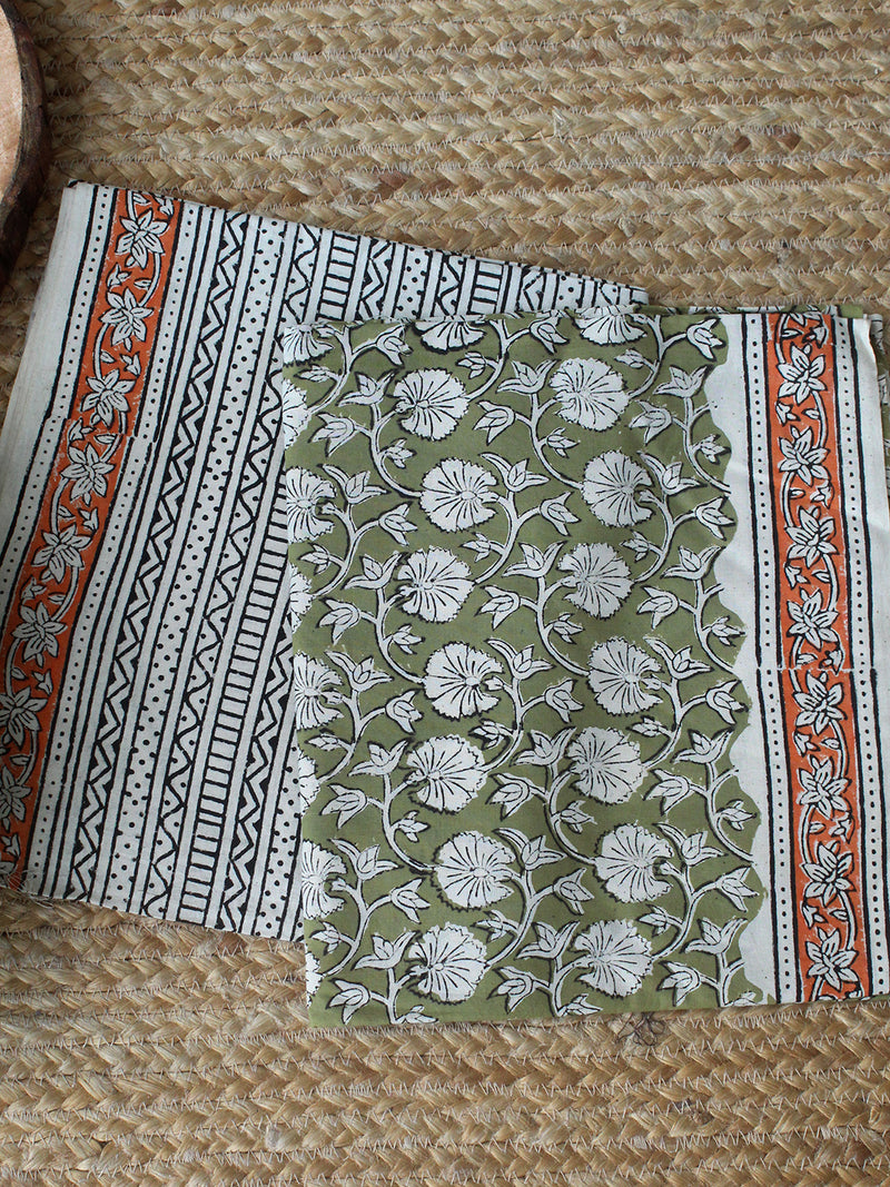 Green Bagru Hand Block Printed Cotton Dress Material with Kota Doria Dupatta