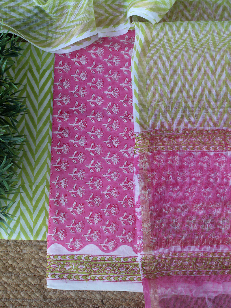 Pink Bagru Hand Block Printed Cotton Dress Material with Kota Doria Dupatta