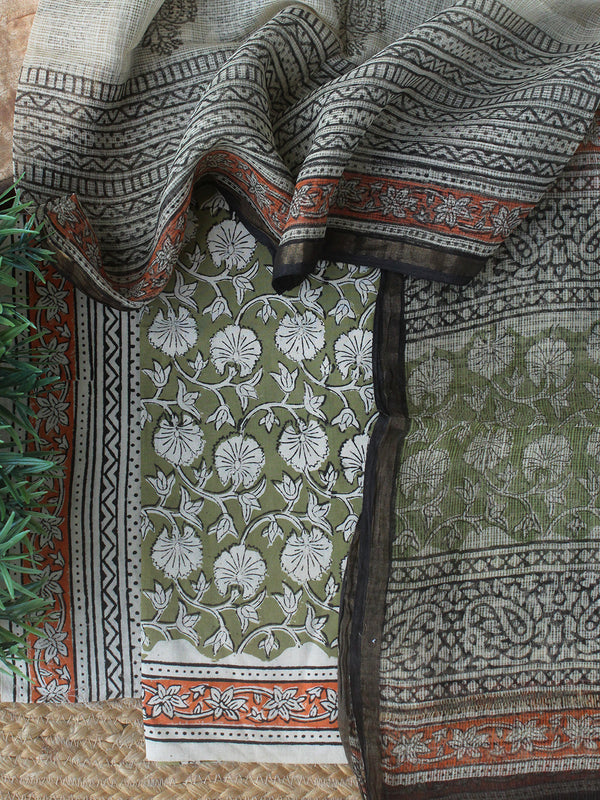 Green Bagru Hand Block Printed Cotton Dress Material with Kota Doria Dupatta