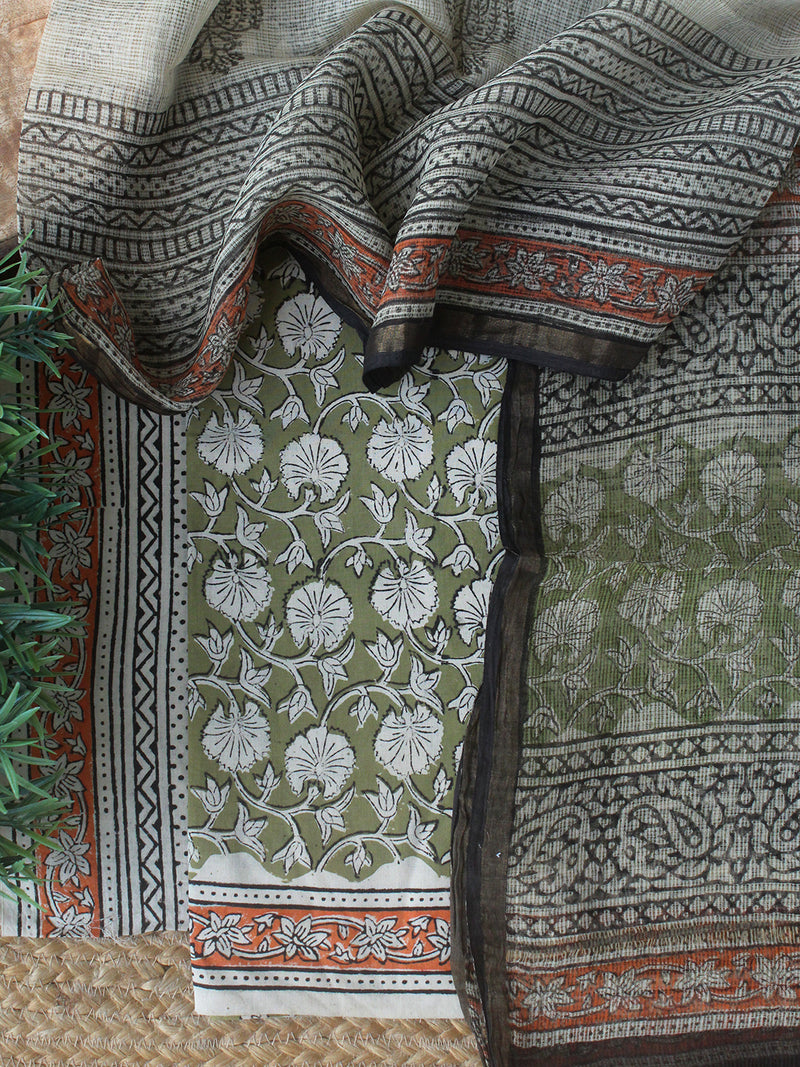Green Bagru Hand Block Printed Cotton Dress Material with Kota Doria Dupatta