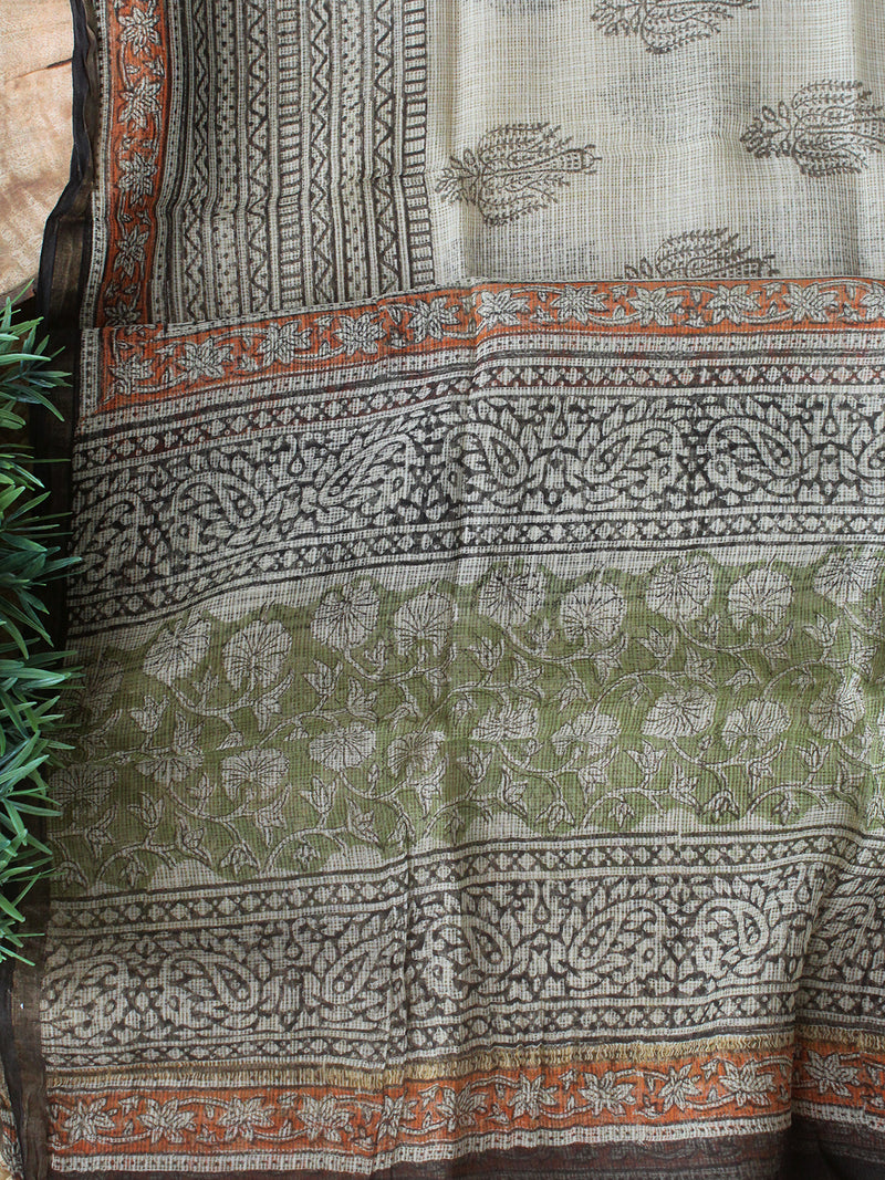 Green Bagru Hand Block Printed Cotton Dress Material with Kota Doria Dupatta