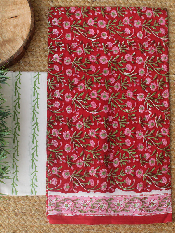 Red Hand Block Printed Dress Material With Cotton Dupatta