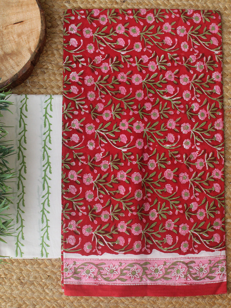 Red Hand Block Printed Dress Material With Cotton Dupatta
