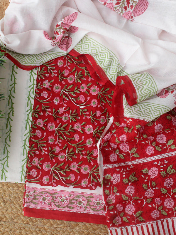 Red Hand Block Printed Dress Material With Cotton Dupatta