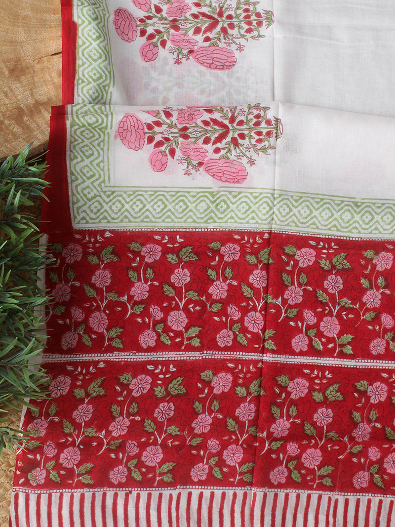 Red Hand Block Printed Dress Material With Cotton Dupatta