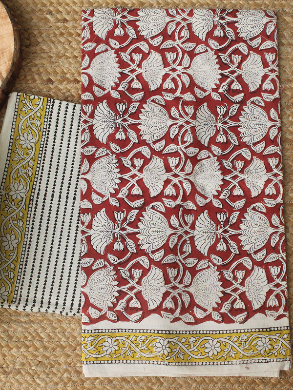Maroon Bagru Hand Block Printed Cotton Dress Material with Kota Doria Dupatta