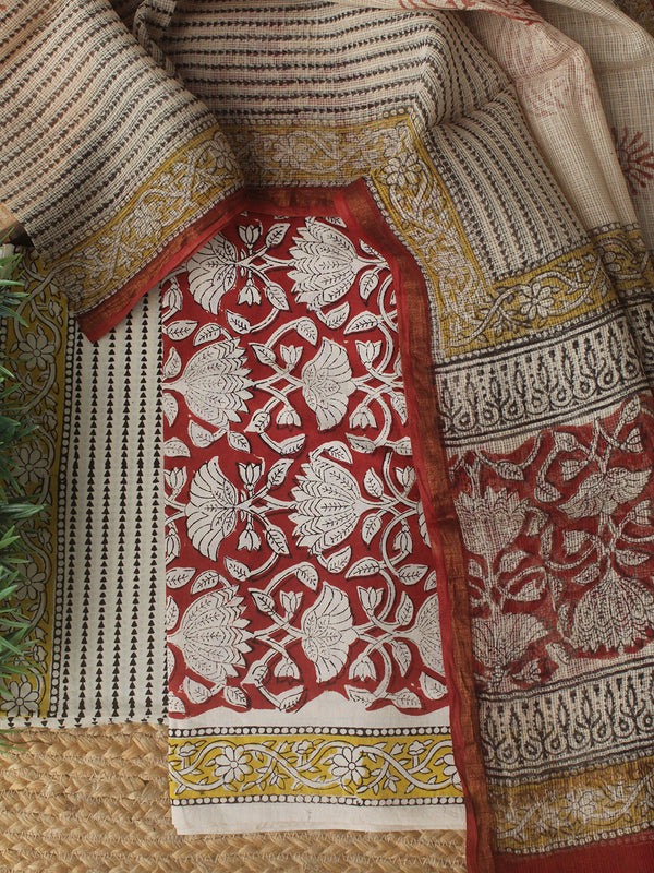 Maroon Bagru Hand Block Printed Cotton Dress Material with Kota Doria Dupatta