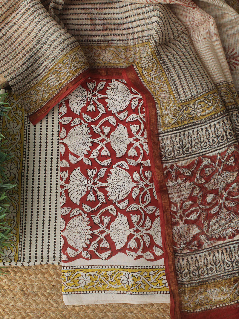 Maroon Bagru Hand Block Printed Cotton Dress Material with Kota Doria Dupatta