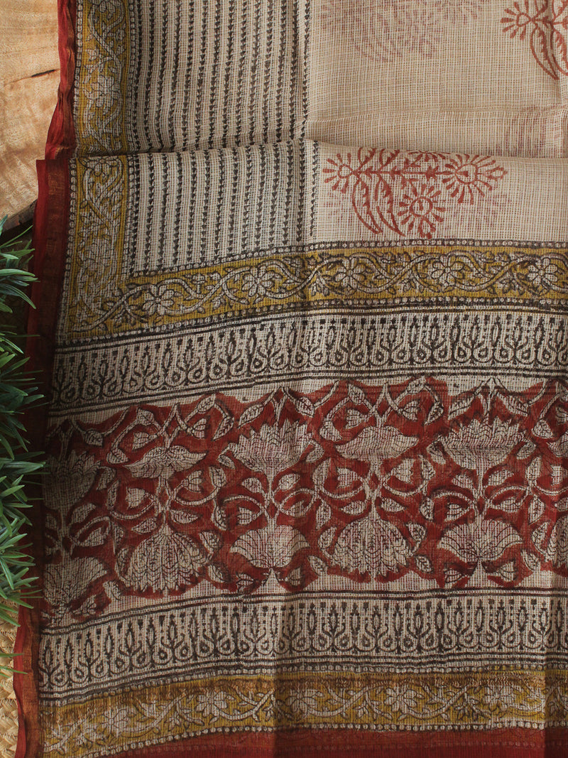 Maroon Bagru Hand Block Printed Cotton Dress Material with Kota Doria Dupatta