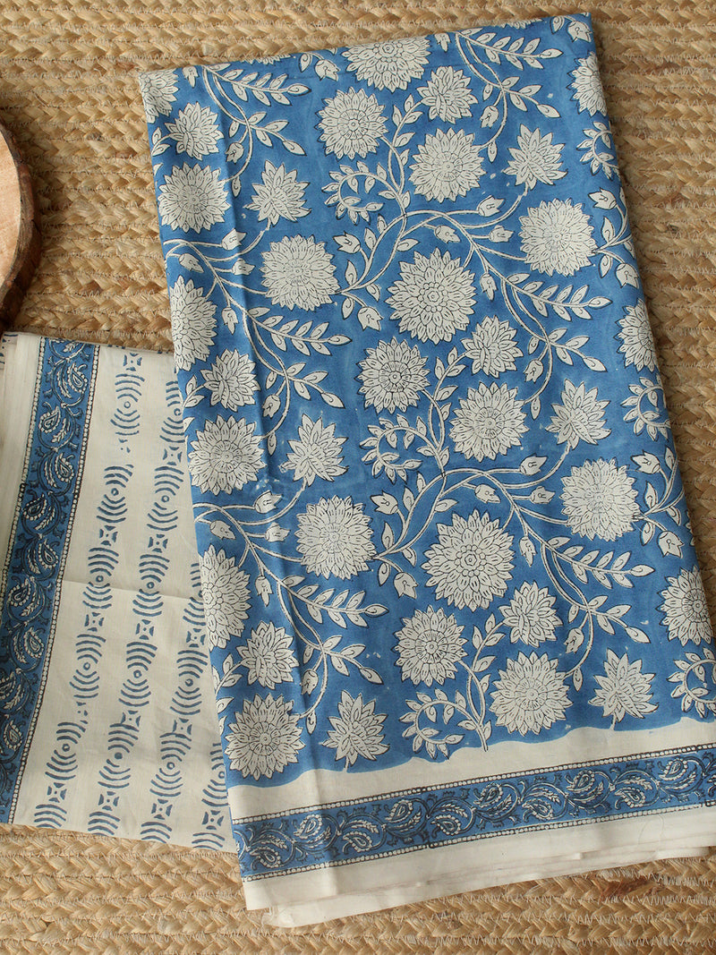 Blue Bagru Hand Block Printed Dress Material With Chiffon Dupatta