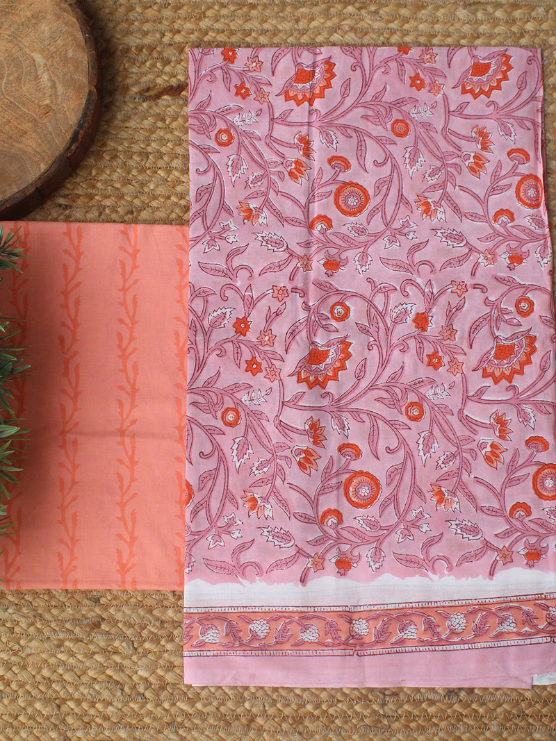 Pink Hand Block Printed Dress Material With Cotton Dupatta