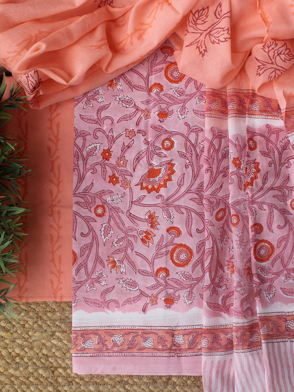 Pink Hand Block Printed Dress Material With Cotton Dupatta