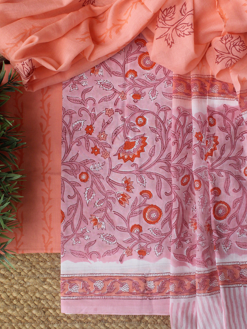 Pink Hand Block Printed Dress Material With Cotton Dupatta