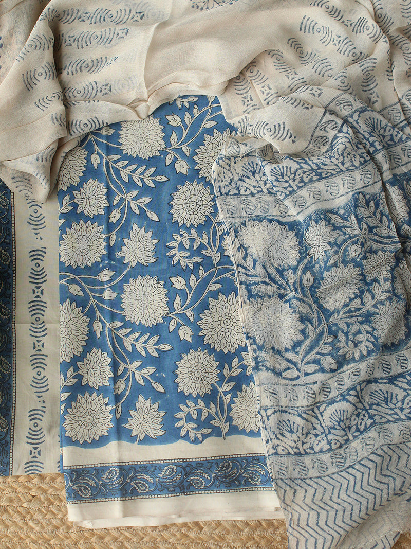 Blue Bagru Hand Block Printed Dress Material With Chiffon Dupatta