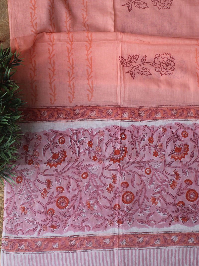 Pink Hand Block Printed Dress Material With Cotton Dupatta