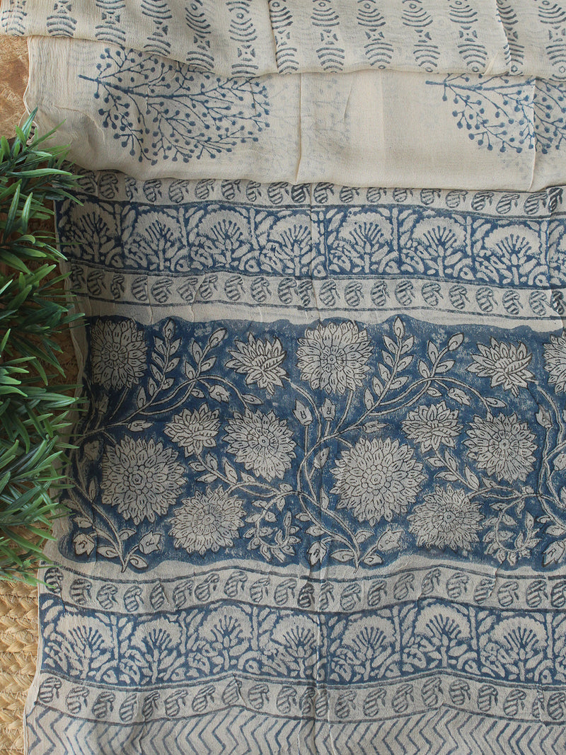 Blue Bagru Hand Block Printed Dress Material With Chiffon Dupatta