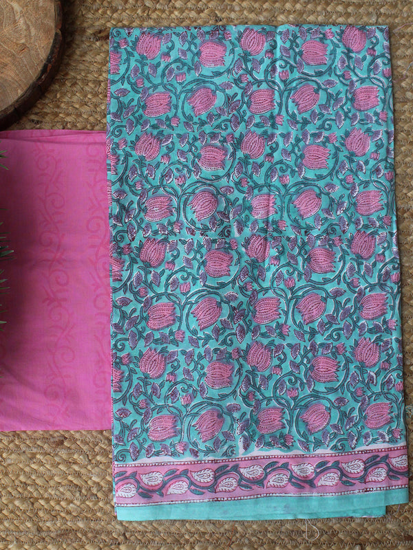 Blue Hand Block Printed Dress Material With Cotton Dupatta
