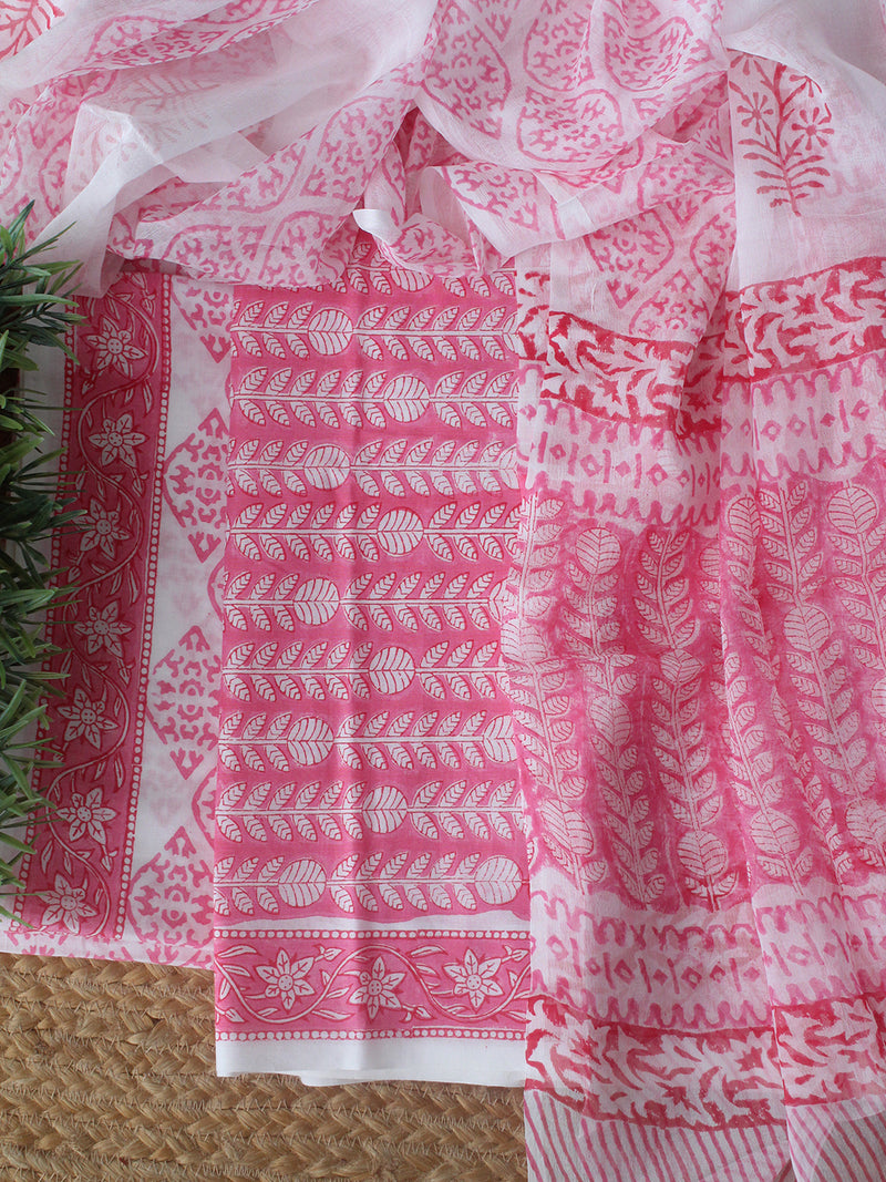 Pink Bagru Hand Block Printed Dress Material With Chiffon Dupatta