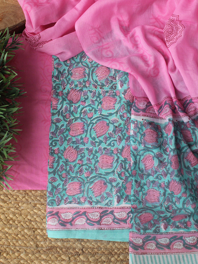 Blue Hand Block Printed Dress Material With Cotton Dupatta