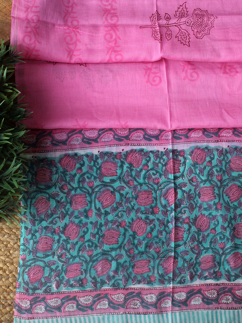 Blue Hand Block Printed Dress Material With Cotton Dupatta