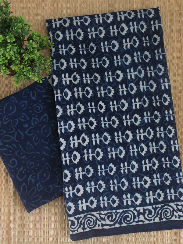 Indigo Bagru Hand Block Printed Dress Material With Chiffon Dupatta