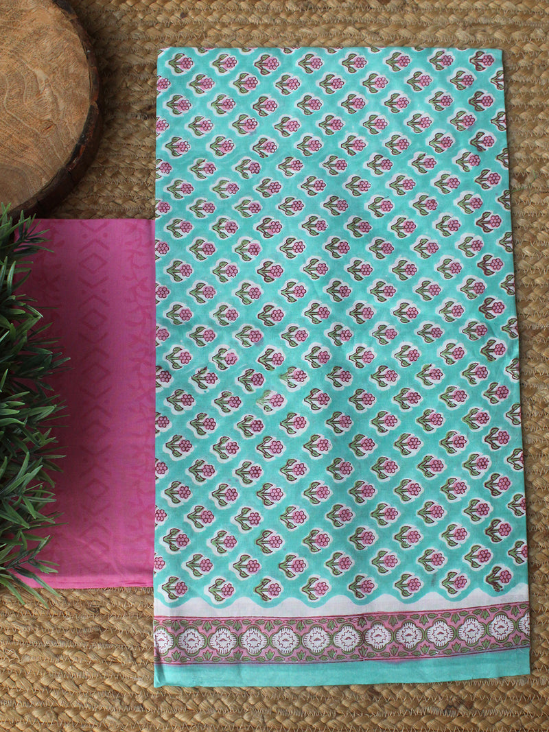 Blue Hand Block Printed Dress Material With Cotton Dupatta