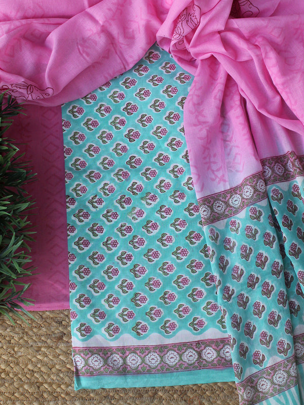 Blue Hand Block Printed Dress Material With Cotton Dupatta