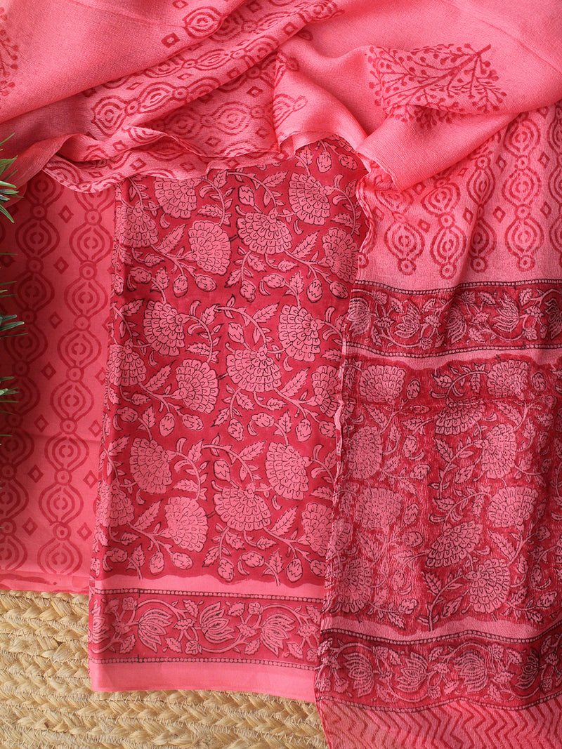 Pink Bagru Hand Block Printed Dress Material With Chiffon Dupatta