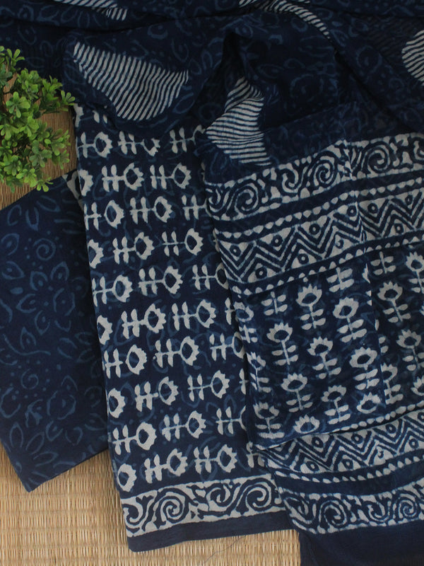 Indigo Bagru Hand Block Printed Dress Material With Chiffon Dupatta
