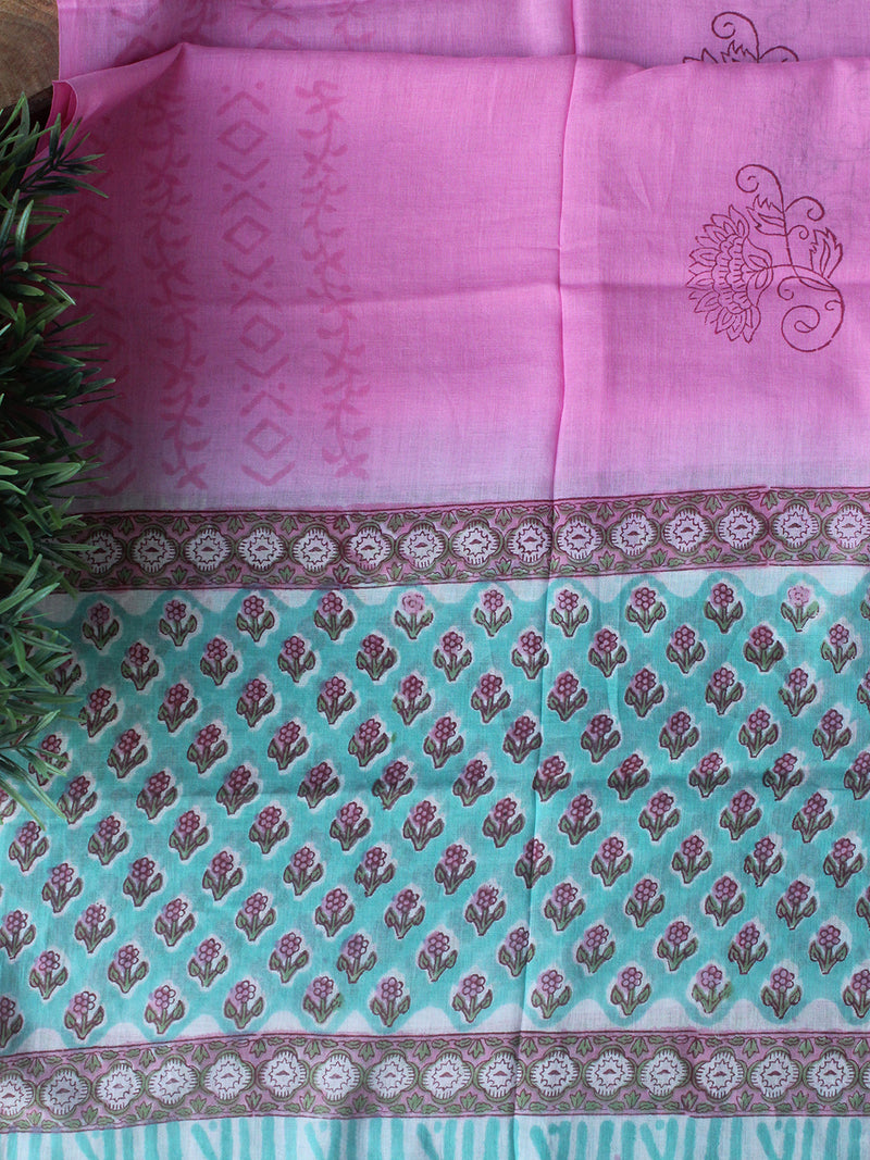 Blue Hand Block Printed Dress Material With Cotton Dupatta