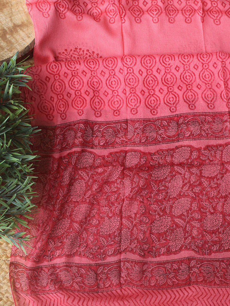 Pink Bagru Hand Block Printed Dress Material With Chiffon Dupatta