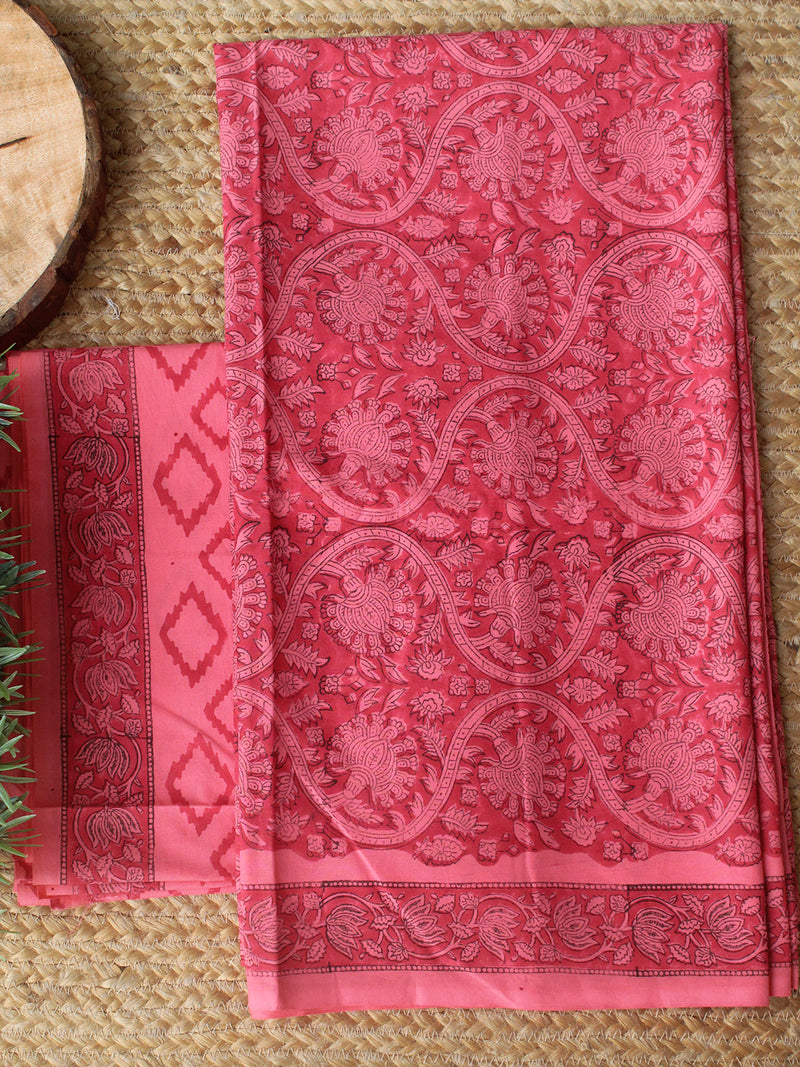 Pink Bagru Hand Block Printed Dress Material With Chiffon Dupatta