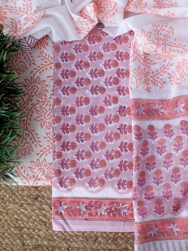 Pink Hand Block Printed Dress Material With Cotton Dupatta