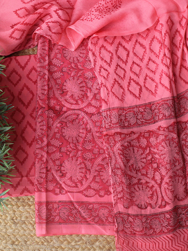 Pink Bagru Hand Block Printed Dress Material With Chiffon Dupatta