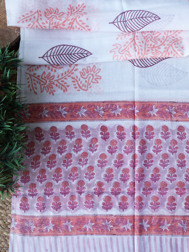 Pink Hand Block Printed Dress Material With Cotton Dupatta