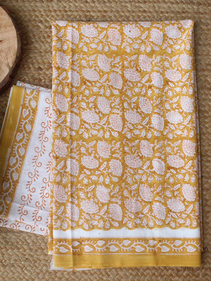 Mustard Bagru Hand Block Printed Dress Material With Chiffon Dupatta