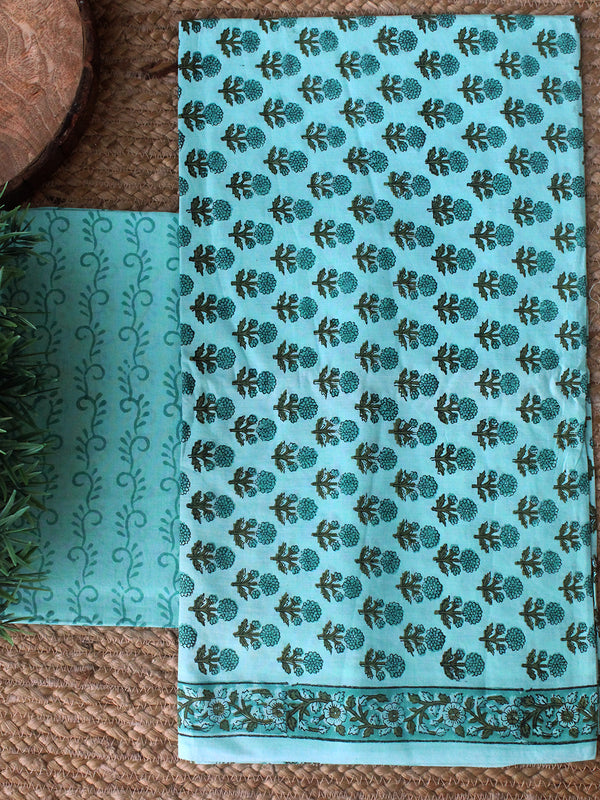 Pastel Green Hand Block Printed Dress Material With Cotton Dupatta