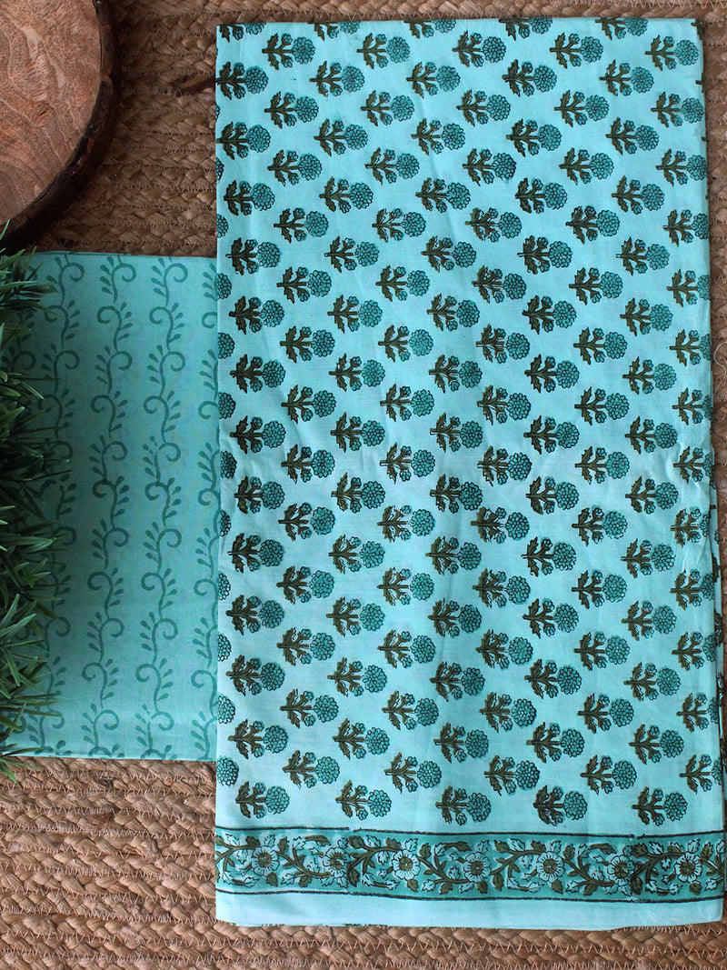 Pastel Green Hand Block Printed Dress Material With Cotton Dupatta