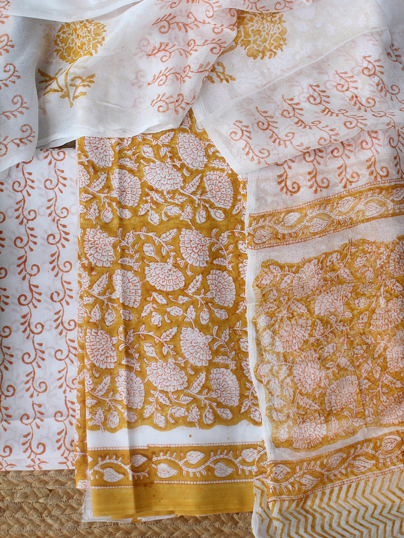 Mustard Bagru Hand Block Printed Dress Material With Chiffon Dupatta