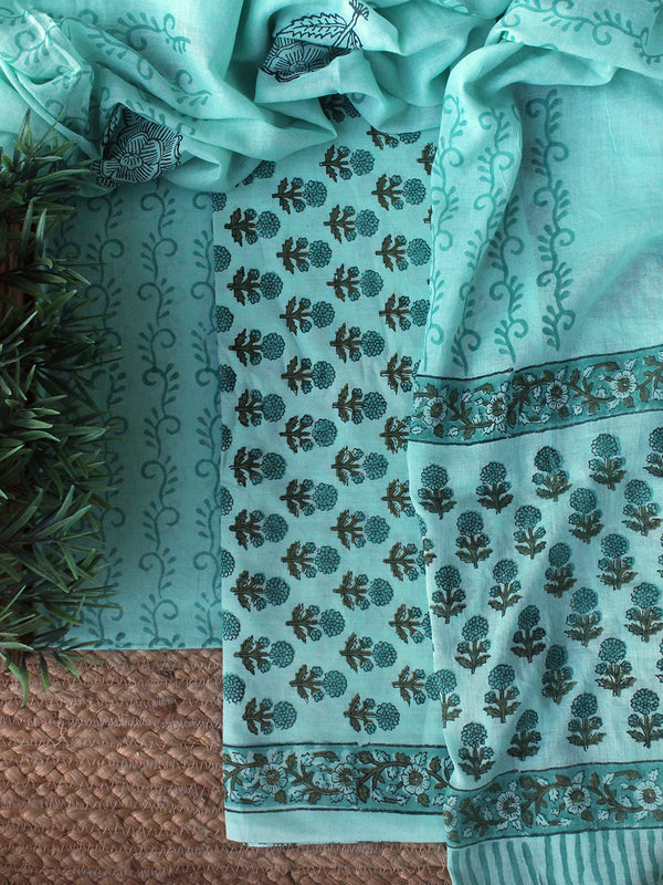 Pastel Green Hand Block Printed Dress Material With Cotton Dupatta