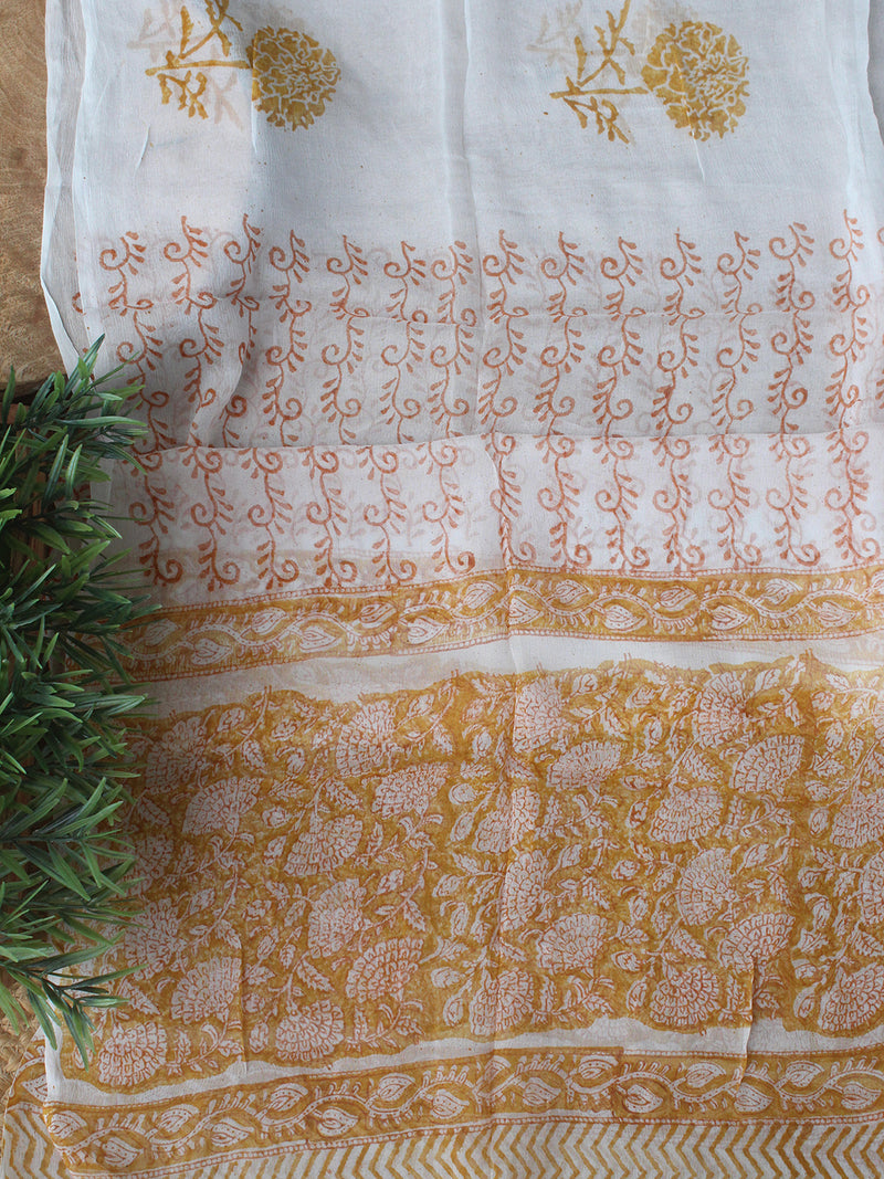 Mustard Bagru Hand Block Printed Dress Material With Chiffon Dupatta