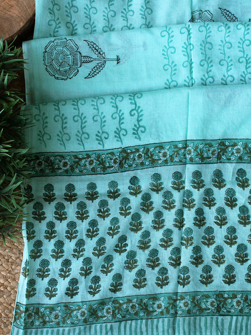 Pastel Green Hand Block Printed Dress Material With Cotton Dupatta