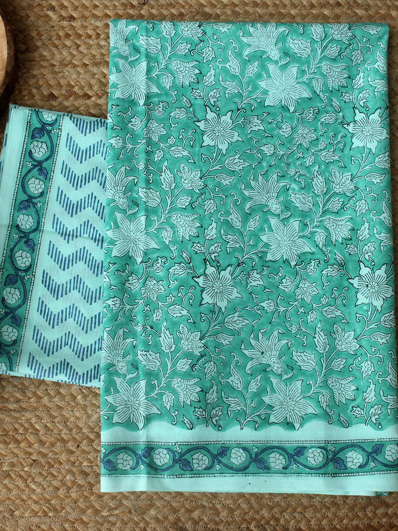 Green Bagru Hand Block Printed Dress Material With Chiffon Dupatta