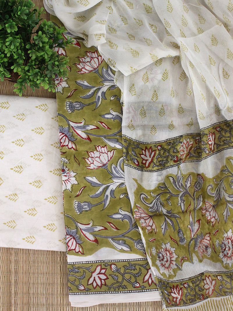 Green Bagru Hand Block Printed Dress Material With Chiffon Dupatta – Weaves of Tradition