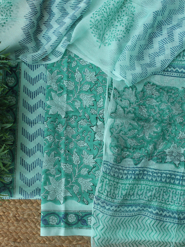 Green Bagru Hand Block Printed Dress Material With Chiffon Dupatta