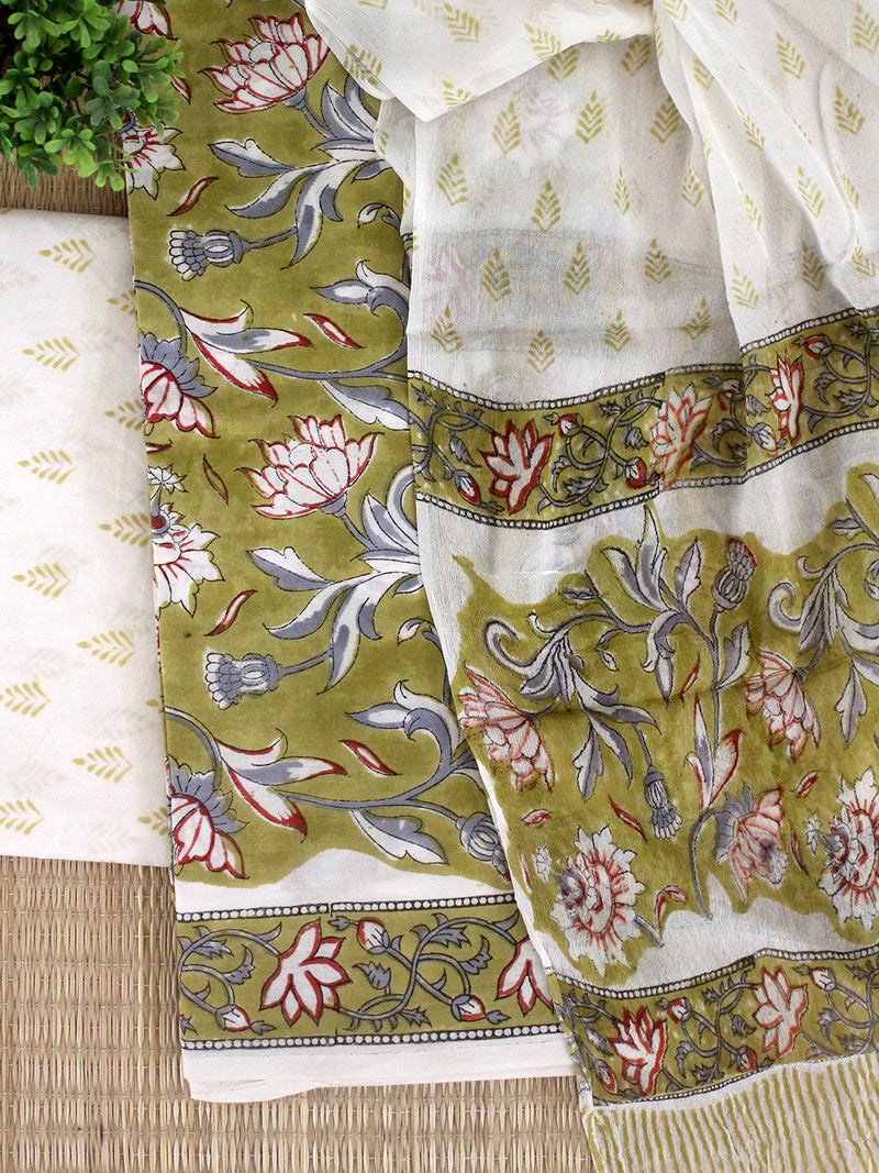 Green Bagru Hand Block Printed Dress Material With Chiffon Dupatta Weaves of Tradition